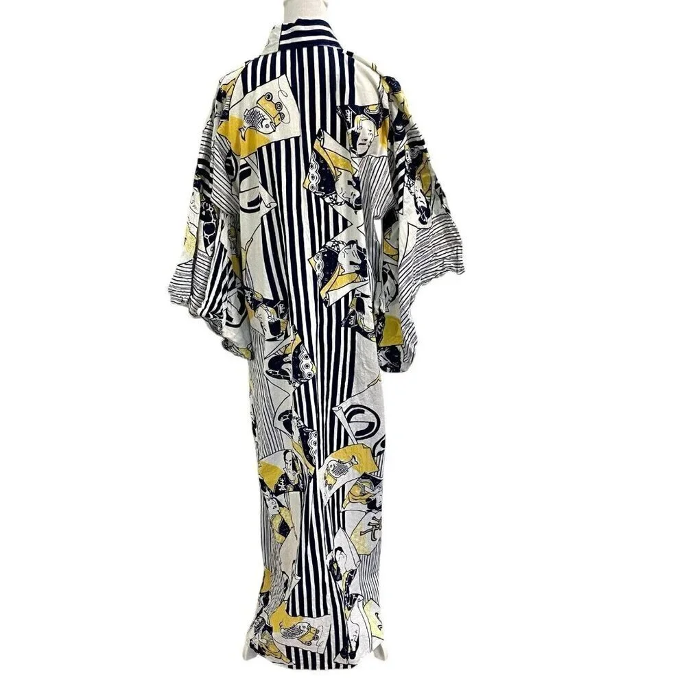 100% Linen Japanese Kimono Traditional Folk Unique Blue Yellow One Size